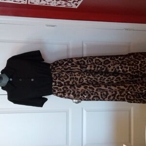 SHEIN Black and Tan Pleated Midi Dress with Puff Sleeves